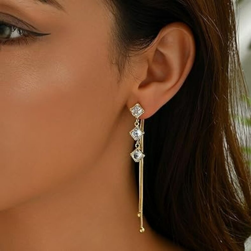 Cubic Zirconia Tassel Drop‎ Earrings Gold Dangle with Beads Fancy !!